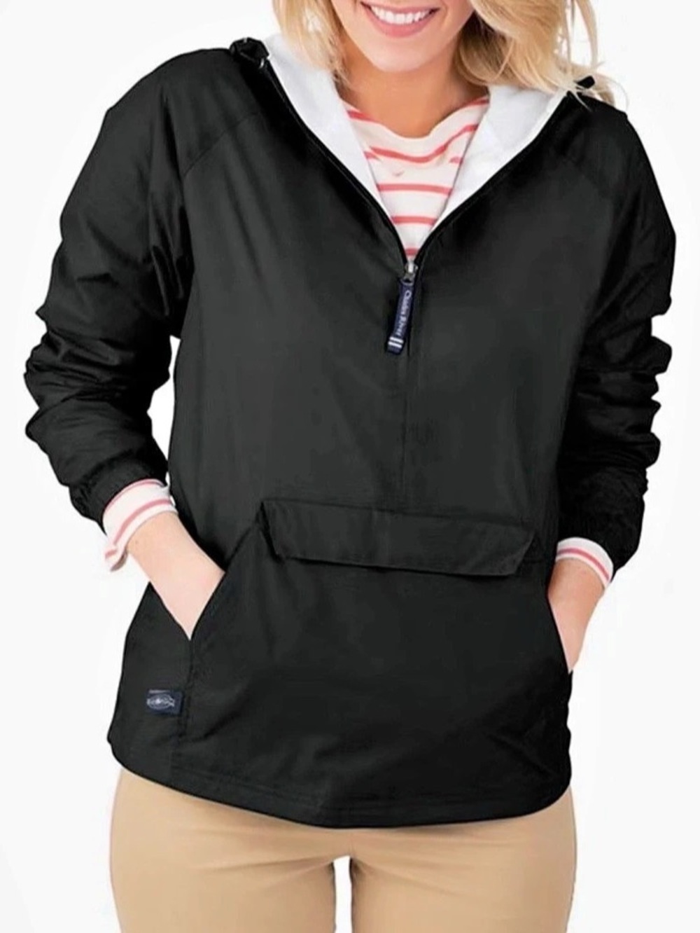 Charles River Black Hooded Nylon Anorak Rain Jacket, Medium